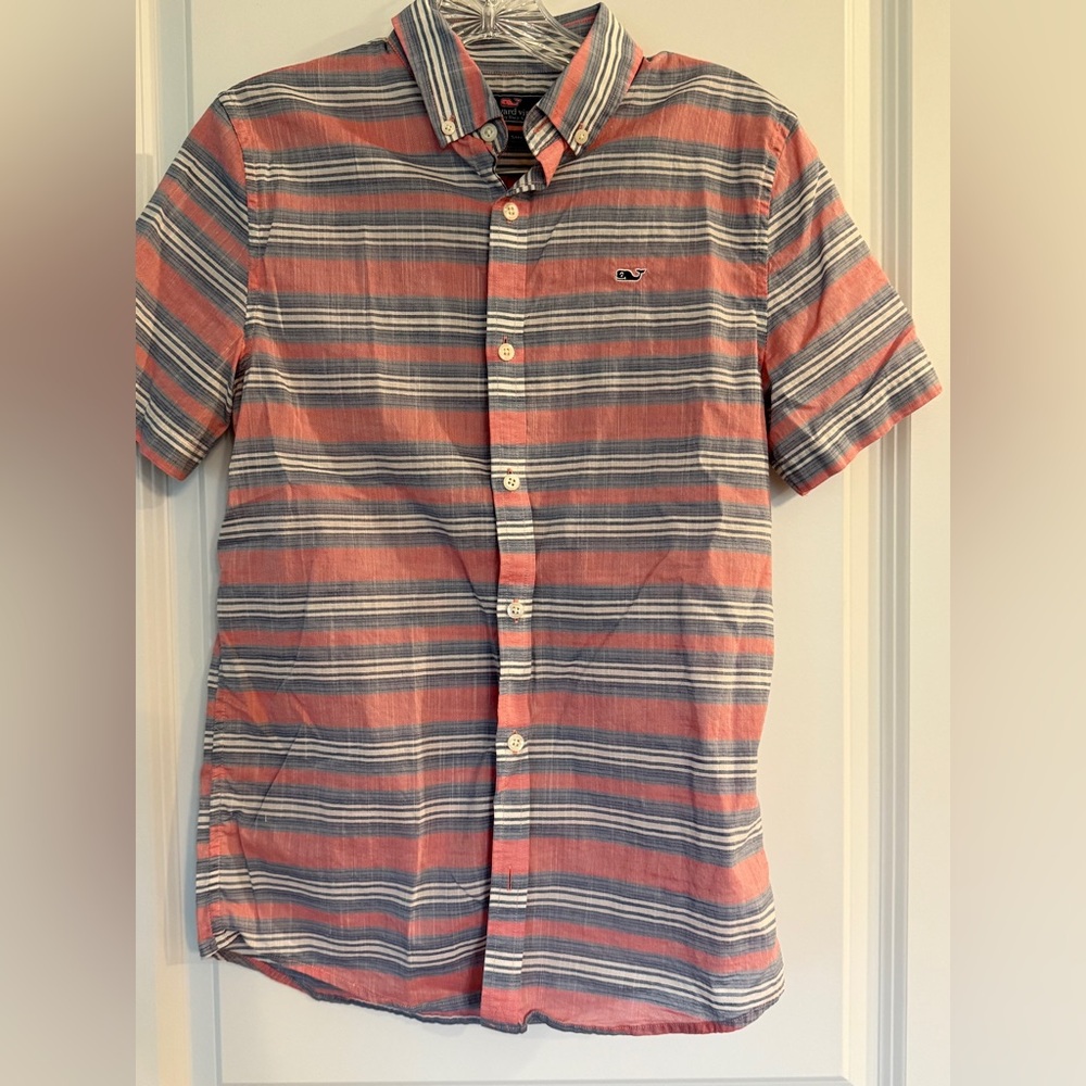 Vineyard Vines Boys Coral and Blue Striped Button Down Shirt